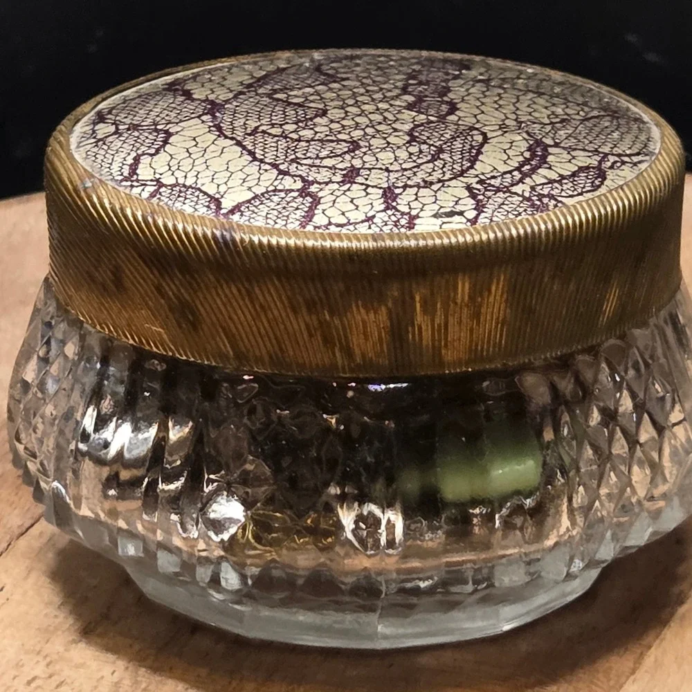 Vintage Cut Crystal Vanity Jar Brass‎ Lace Lid Small Gold Purple Trinket Box